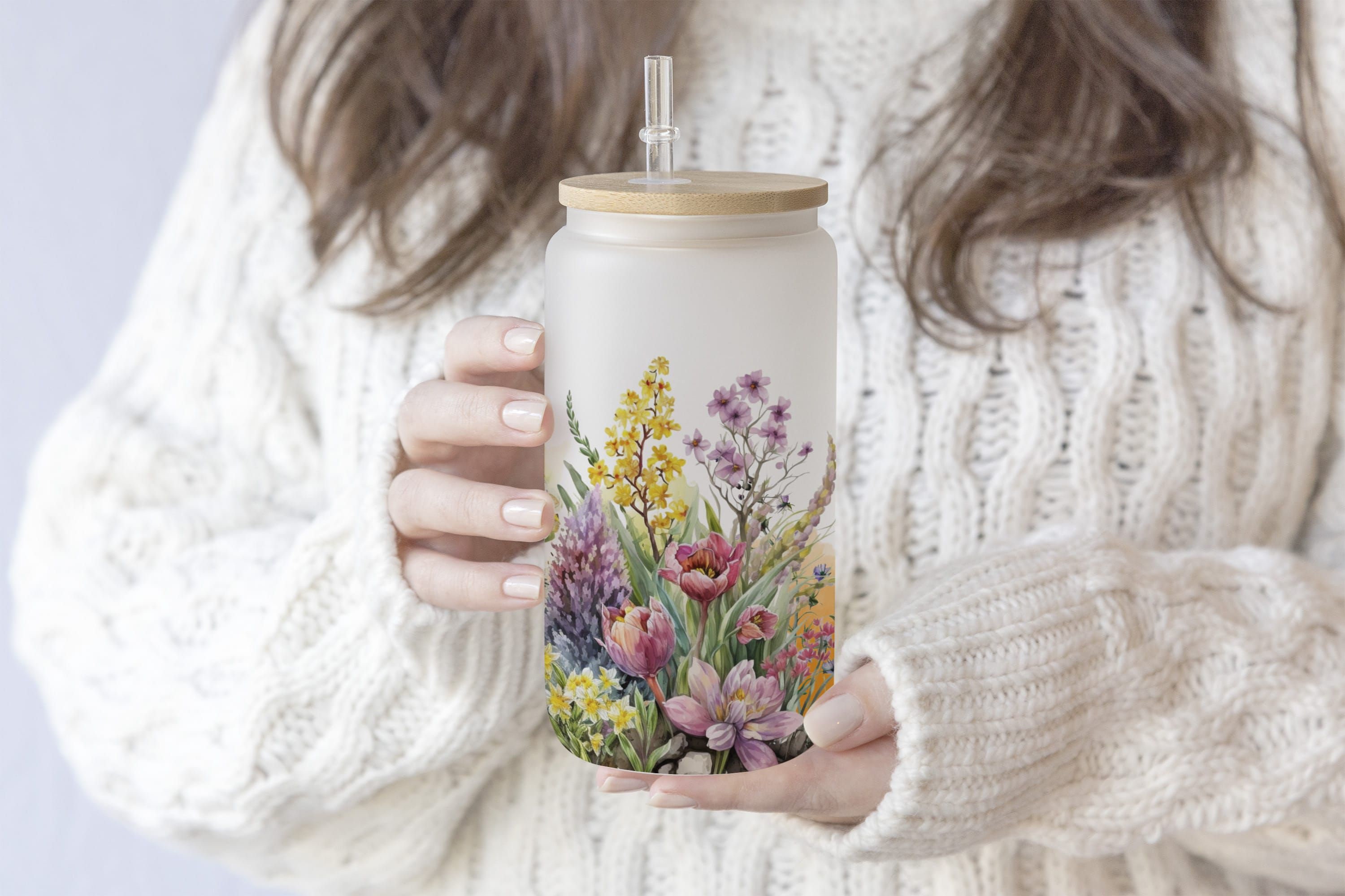 Wildflower Iced Coffee Cup with Lid & Straw, 16oz Tumbler, Cute Boho Iced  Coffee Glass