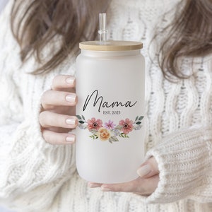 Mama Est Frosted Tumbler, Personalized Mama Glass Cup, Floral Mom Frosted Tumbler, Gift for New Mom, Mama Iced Coffee Cup, Mama Tumbler