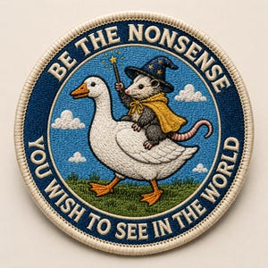 May include: Embroidered patch with a blue border and the text "BE THE NONSENSE YOU WISH TO SEE IN THE WORLD." The patch features a white goose with orange feet and beak, carrying a possum wearing a wizard hat and cape.