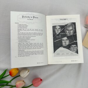 May include: Open book with the title "Perfectly in Pieces" by CDLynn. The left page contains a summary and author's notes. The right page displays the book cover art, featuring four grayscale portraits and the text "VOLUME I".