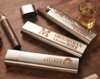 Groomsmen 3 Different Gift Set,Groomsmen Box,Stainless Steel 2oz Flask with Cigar Holder,Cigar Flask Engraved,Groomsmen Gift,Fathers Day