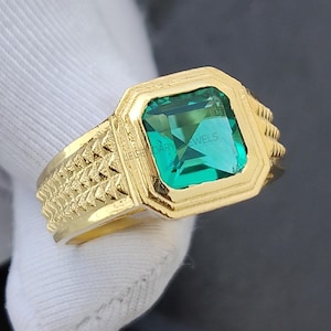 Men’s Emerald Engagement Ring, 14K Solid Yellow Gold Ring, Lab Green Emerald Ring for Him, May Birthstone Jewelry, Handmade Gold Signet Ring