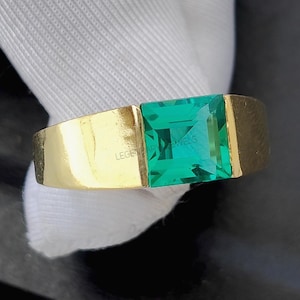Men’s Emerald Engagement Ring, 14K Solid Yellow Gold Ring, Lab Green Emerald Ring for Him, May Birthstone Jewelry, Handmade Gold Signet Ring