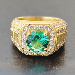 Men’s Emerald Engagement Ring, 14K Solid Yellow Gold Ring, Lab Green Emerald Ring for Him, May Birthstone Jewelry, Handmade Gold Signet Ring