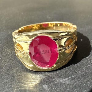 14K Solid Yellow Gold Ruby Men’s Ring, Natural Red Ruby Gemstone Ring, July Birthstone, Handmade Engagement & Wedding Ring for Him