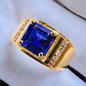 14K Solid Yellow Gold Sapphire Men’s Ring • Blue Gemstone Gold Ring • Luxury Fine Jewelry • Gold Handmade Ring Gift for Him Husband
