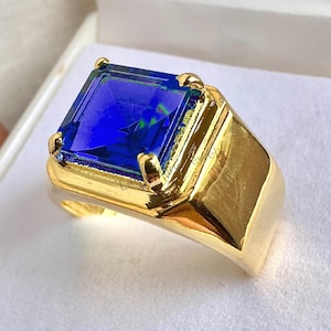 Lab Blue Sapphire 14K Gold Men&#39;s Ring, 14K Yellow Gold Ring Wedding and Engagement Ring For Men&#39;s, Blue Gemstone Gold Ring Gift For Him