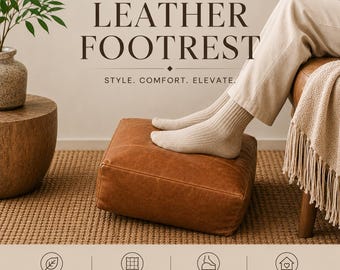 May include: A square, tan leather footrest with a smooth, matte finish. The product is labeled with the text Scorb LEATHER FOOTREST STYLE. COMFORT. ELEVATE. and includes icons for premium leather, durability, ergonomic comfort, and space versatility.