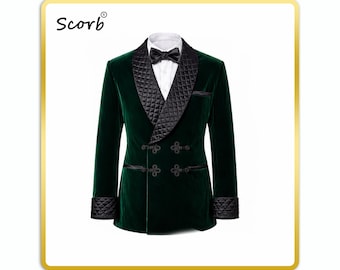 Chaqueta de fumar Scorb de terciopelo verde con cuello para hombre, disponible en todas las tallas.