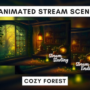 Puede incluir: 7 escenas de transmisión animadas para Twitch o YouTube. Las escenas presentan un ambiente acogedor de bosque con una ventana que da a un bosque, una estantería y una linterna. El texto "Stream Starting" y "Stream Ending" se muestra en las escenas.