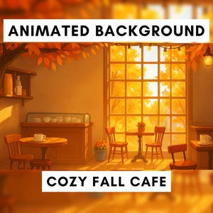 Peut inclure: Arrière-plan animé d'un café d'automne chaleureux. La scène présente un intérieur accueillant avec des tables et des chaises en bois. De grandes fenêtres offrent une vue sur un feuillage d'automne vibrant. Le texte "ANIMATED BACKGROUND" et "COZY FALL CAFE" sont affichés.