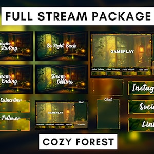 Pacote de stream animado para Twitch, sobreposição de stream, fundo animado, painéis Twitch, alertas animados, tema Cozy Forest, Vtuber, Lofi