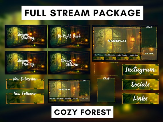 Animated Stream Package for Twitch, Stream Overlay, Animated Background, Twitch Panels, Animated Alerts, Cozy Forest Theme, Vtuber, Lofi