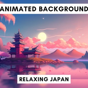 Puede incluir: Un fondo animado con una pagoda roja en una pequeña isla con un lago que refleja el cielo y las montañas en la distancia. El cielo es un degradado de rosa y azul con nubes blancas. El texto "Relaxing Japan" está en la parte inferior de la imagen.