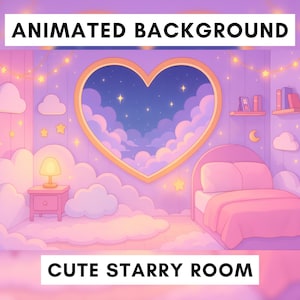 Pode incluir: Fundo animado de um quarto fofo e estrelado. O quarto é decorado em tons de rosa e roxo, com uma janela em forma de coração revelando um céu estrelado. O texto "ANIMATED BACKGROUND" e "CUTE STARRY ROOM" são exibidos.