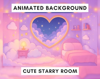 Vtuber Animated Background, Cute pink bedroom, Clouds and Stars, Twitch Stream Overlay, Heart window, Stream background, Vtuber asset