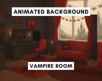 Animierter Hintergrund für Twitch, gotisches Zimmer, gruseliges Vampirzimmer, Vtuber-Hintergrund, Lo-Fi-Stream-Overlay, rot-schwarzes Zimmer, Halloween