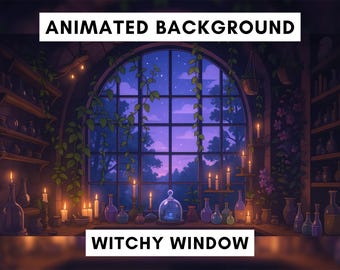 May include: An animated background image featuring a witchy window scene. The image shows a large arched window overlooking a purple night sky with stars. The window is surrounded by candles, bottles, and shelves filled with potions.