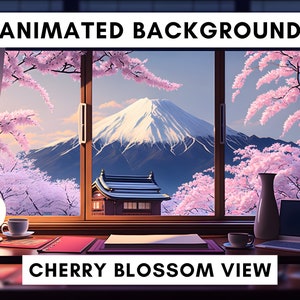 Può includere: Un'illustrazione digitale di una vista dalla finestra con una scrivania in primo piano. La finestra mostra una catena montuosa con una cima innevata, una piccola casa e alberi di ciliegio in fiore. La scrivania ha una lampada, una tazza di caffè, un laptop, un vaso e un quaderno. Il testo "ANIMATED BACKGROUND" è in alto nell'immagine e "CHERRY BLOSSOM VIEW" è in basso.