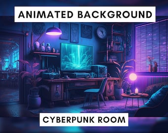 Animowane tło dla Twitch, sypialnia Cyberpunk, nakładka strumieniowa, zapętlone tło, fioletowe i niebieskie tło Cyberpunk vtuber, atmosfera