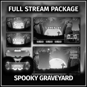 Pacote de transmissão animado para Twitch, sobreposição de Vtuber, sobreposição de tema assustador, fundo animado de cemitério, alertas animados de Twitch, Halloween