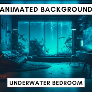 May include: A digital illustration of a bedroom with an underwater view outside the window. The room is furnished with a sofa, a rug, a TV, and a plant. The text "ANIMATED BACKGROUND" is at the top of the image and "UNDERWATER BEDROOM" is at the bottom.