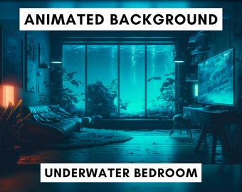 Animated Background for Twitch, Blue underwater bedroom, Stream overlay, looped background, cozy ambience style, looped vtuber background