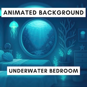 Peut inclure: Scène animée d'une chambre sous-marine avec une grande fenêtre circulaire donnant sur une vue sur l'océan. La pièce est décorée de méduses et de coraux lumineux, avec le texte "ANIMATED BACKGROUND" et "UNDERWATER BEDROOM".