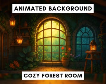 May include: Digital illustration of a cozy forest room with a large arched window and a smaller arched window. The room is lit by warm light from lanterns and the windows. Text reads "ANIMATED BACKGROUND" and "COZY FOREST ROOM".