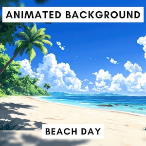 Puede incluir: Una escena de playa animada con un cielo azul brillante lleno de nubes blancas y esponjosas. La playa de arena está bordeada de palmeras y exuberante follaje verde. Se muestra el texto "ANIMATED BACKGROUND" y "BEACH DAY".