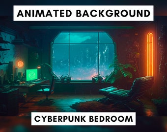 Animowane tło dla Twitch, sypialnia Cyberpunk, nakładka strumieniowa, zapętlone tło, świecące cyberpunkowe zapętlone tło vtubera, atmosfera