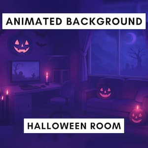 May include: An animated Halloween room scene with a purple and blue color scheme. The room features a desk with a computer, a sofa with a pumpkin pillow, and lit candles. The words "ANIMATED BACKGROUND" and "HALLOWEEN ROOM" are displayed.