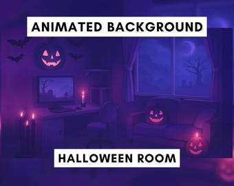 Vtuber Animated Background for Twitch, Halloween Room, Spooky Gaming Setup, Halloween Background, Haunted House, Bedroom, Pumpkins