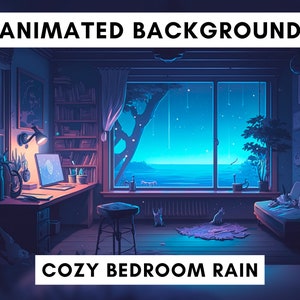 Fondo animado de Vtuber para Twitch, acogedor dormitorio lofi, superposición de transmisión azul, fondo en bucle, estilo de ambiente acogedor, fondo de vtuber