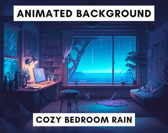 Vtuber Animated Background for Twitch, Cozy lofi bedroom, blue stream overlay, looped background, cozy ambience style, vtuber background