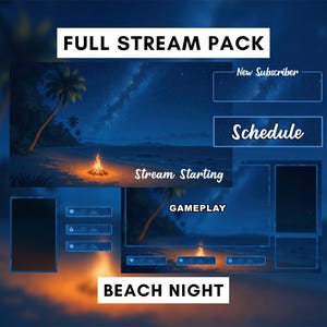 Beach Night Stream Pack, Campfire, Animated Twitch Package, Cozy Stream Overlays, Stream Screens, Vtuber Background, Animated Background