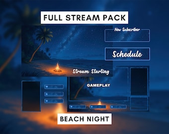 Beach Night Stream Pack, Campfire, Animated Twitch Package, Cozy Stream Overlays, Stream Screens, Vtuber Background, Animated Background