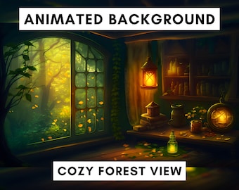 May include: A cozy room with a window overlooking a forest. The window is open and leaves are falling from the trees. There is a table with a lantern, books, and other objects on it. The room is lit by the lantern and the light coming in from the window. The text "COZY FOREST VIEW" is at the bottom of the image.
