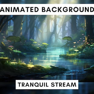 Könnte beinhalten: Ein ruhiger Bach fließt durch einen üppigen, grünen Wald. Sonnenlicht strömt durch die Bäume, beleuchtet das Wasser und erzeugt eine magische Atmosphäre. Der Waldboden ist mit lebendigem Grün und zarten Blumen bedeckt.