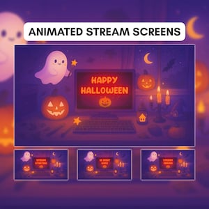 May include: Animated stream screens with a Halloween theme. The main image shows a computer with "Happy Halloween" on the screen, surrounded by pumpkins, candles, and a ghost. Below are three smaller screens with different messages.