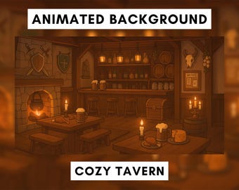 Arrière-plan animé de taverne confortable, superposition de flux médiéval-fantastique, scène de vieille taverne RPG, toile de fond de cheminée de pub pour Twitch, scène vtuber confortable