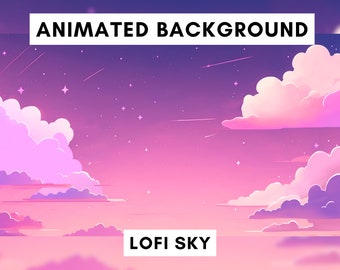 Vtuber animated background for Twitch, Lofi night sky, lofi stream overlay, looped background, cozy ambience style, cute vtuber background