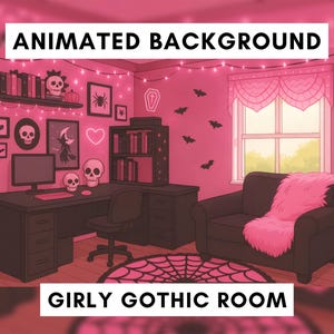 Puede incluir: Fondo animado de una habitación gótica femenina. La habitación está decorada en tonos rosas y cuenta con un escritorio, una silla y un sillón. Las paredes están adornadas con una decoración espeluznante, que incluye calaveras, murciélagos y una alfombra de telaraña. Se muestra el texto "ANIMATED BACKGROUND" y "GIRLY GOTHIC ROOM".