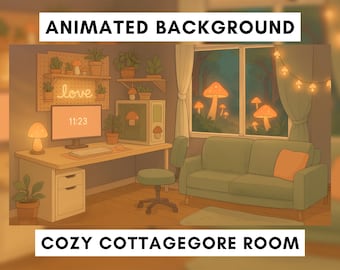 Vtuber Animated Background, Cottagecore Bedroom, Mushroom and Plants theme, Lofi, Cottagecore Stream Overlay, Night bedroom, Fantasy, Cozy