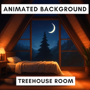 Animated Background for Twitch, Tree house room, Cabin bedroom, camping, cozy, Vtuber background, lofi stream
