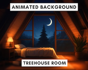 Arrière-plan animé pour Twitch, chambre dans une cabane dans les arbres, chambre cabane, camping, confortable, arrière-plan Vtuber, ruisseau lofi