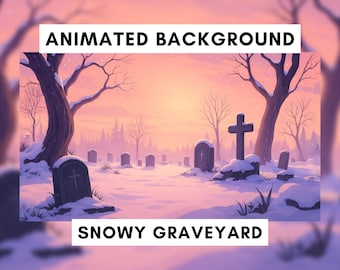 Vtuber Animated Background for Twitch, Spooky Graveyard, Halloween Background, Snow, Haunted Scene, Sunset Cemetery, Looped Video, Animation