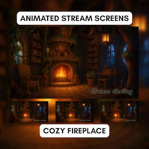 May include: Digital art of a cozy fireplace scene with a warm fire, bookshelves, and wooden chairs. The image has the text "Animated Stream Screens" and "Cozy Fireplace". The scene is lit with warm, inviting tones.