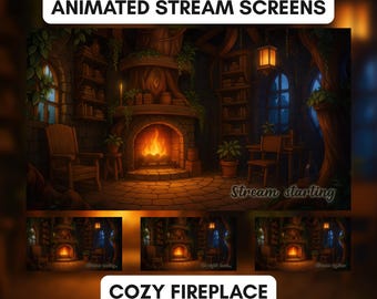 Animated Stream Screens, Cozy Fireplace, Treehouse,  Medieval Room, Hobbit house, Cozy Fire, Magical, Vtuber background, lofi stream Twitch