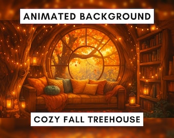 Vtuber Animated Background, Cozy Fall Treehouse, Fall background, Autumn scene, Fall room, Cottagecore, Lofi, stream overlay,  Cozy Ambience